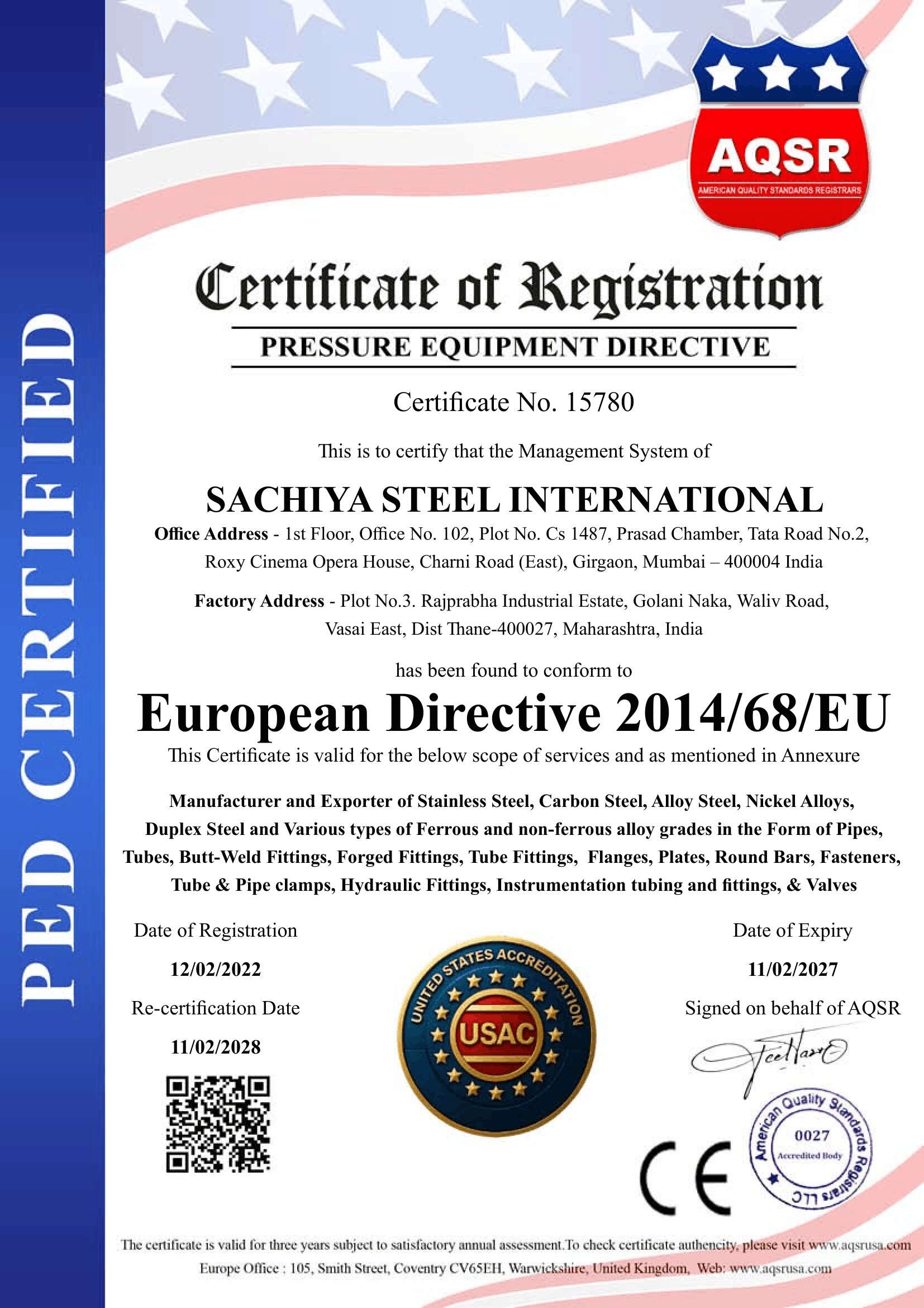 PED 2014/68/EU Certificate