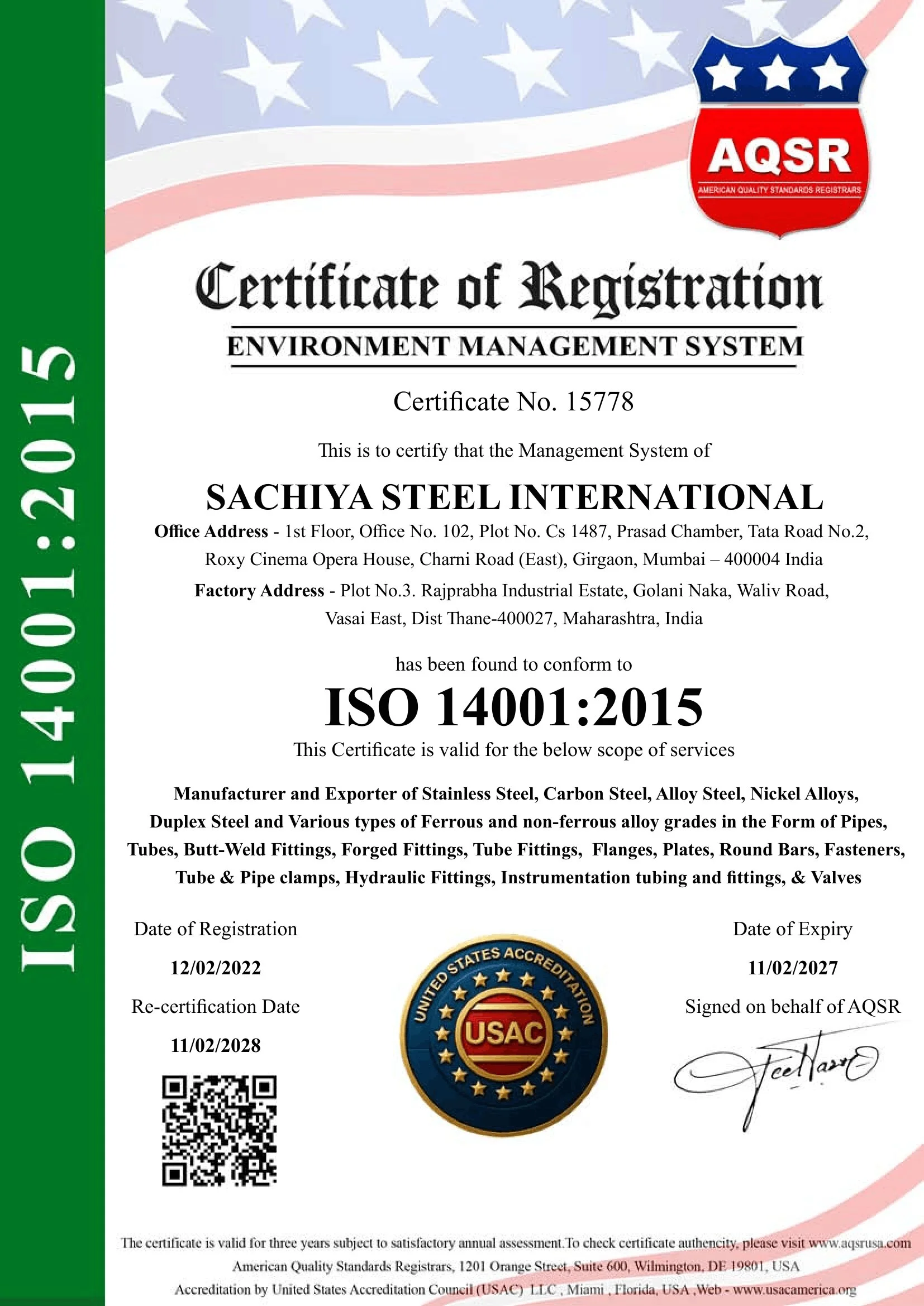 ISO 14001:2015 Certificate