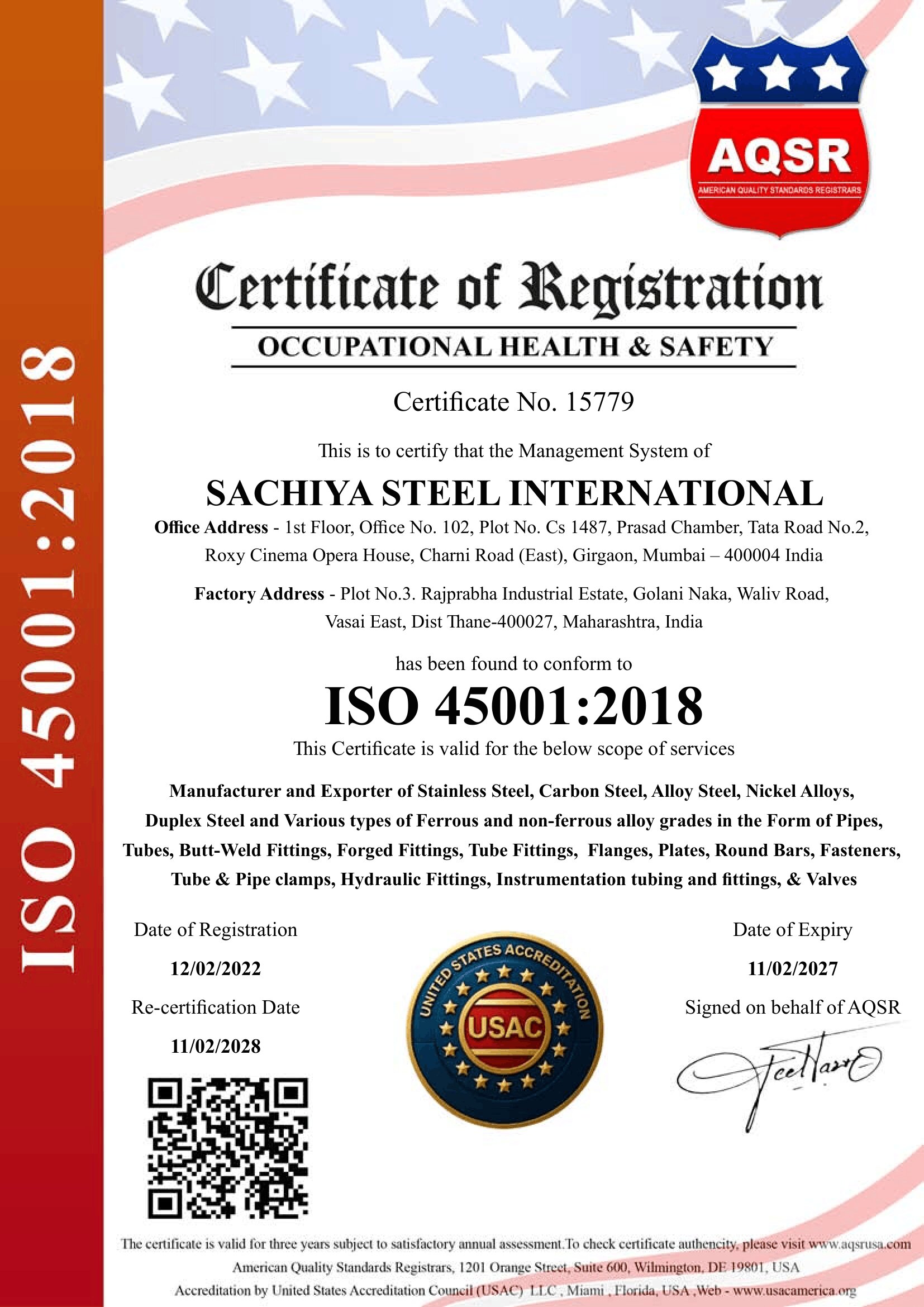 ISO 45001:2018 Certificate