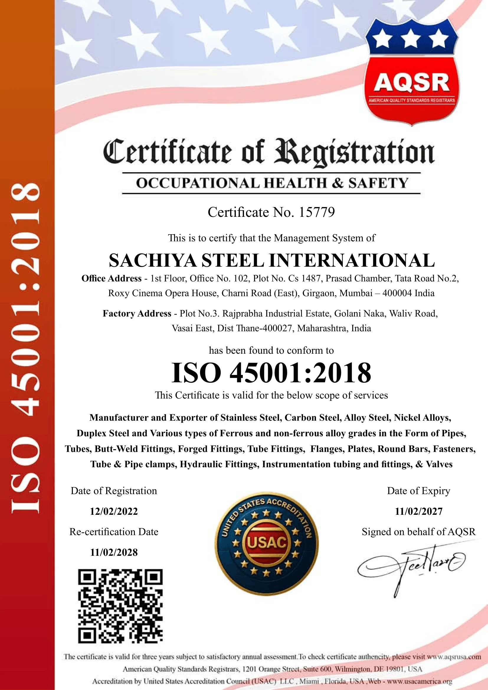 ISO 45001:2018 Certificate