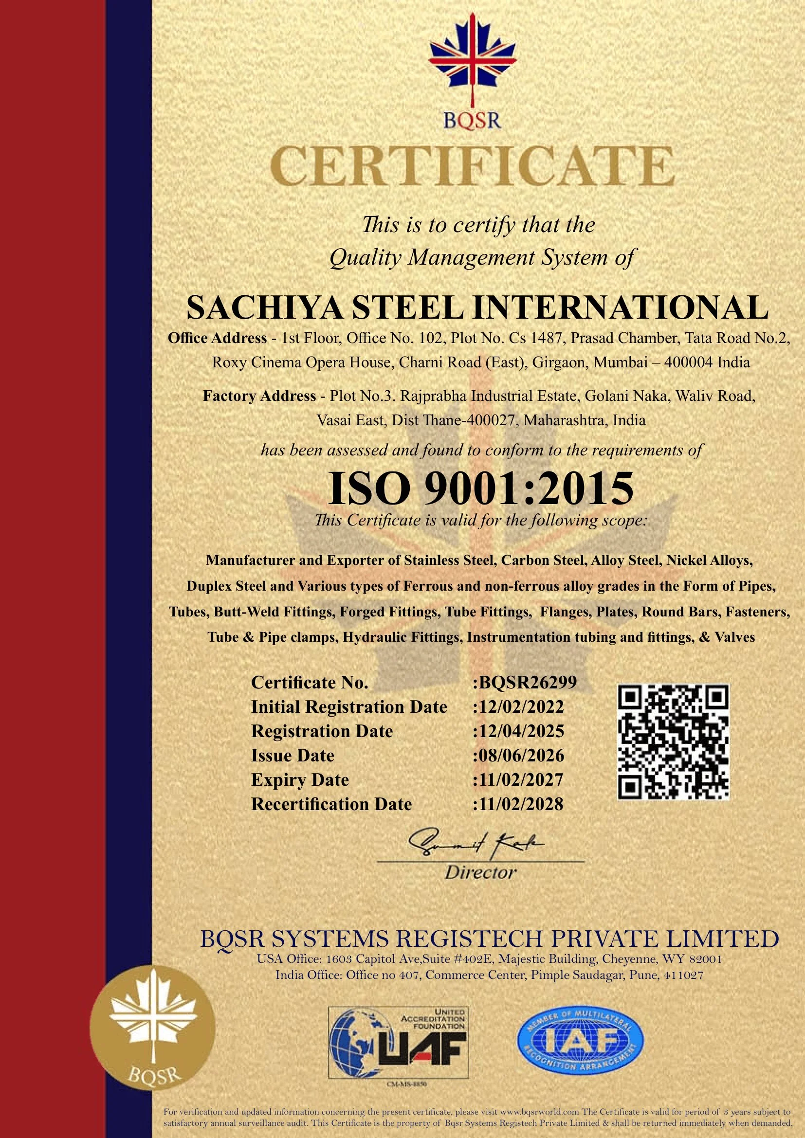 : BQSR26299 Certificate